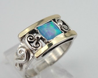 Mixed Metal Opal Ring, 925 Silver Opal Ring, 925 Silver and 9K Yellow Gold Ring, Square Blue Opal, Ring size 7, Opal Silver Jewelry (s 2613)