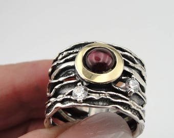 Garnet Ring, 9K Yellow Gold 925 Silver filigree Garnet Ring size 7, Red Stone Ring, 9k Yellow Gold Garnet Ring, CZ Ring, Gift (ms 1458