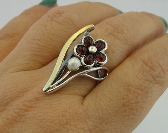 Garnet Pearl Ring, 925 Silver Garnet Ring, Mixed Metal, 9K Yellow Gold Ring, Long Red stone ring, January birthstone, Two Rone Ring (ms 1643