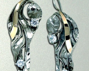 Great Hand Crafted Long Gold Silver CZ Earrings (s e2001)