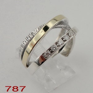 Silver and Gold Ring, Wedding band, 925 sterling Silver and 9k yellow gold ring, white zircon  ring, wide band, any size  (ms 787)