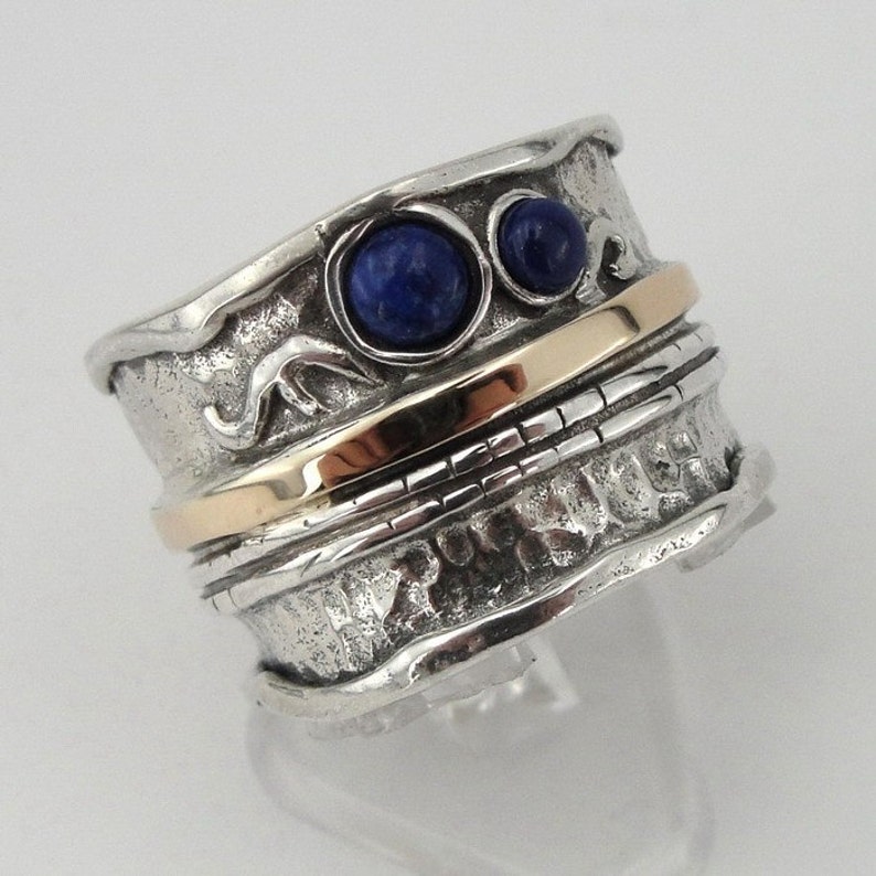 Lapis Ring, 925 Sterling Silver and 9K Yellow Gold Lapis band size 8, Silver and Gold, Blue stone ring, Birthday gift, Wedding s r1306 image 3