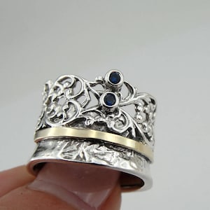 Sapphire filigree ring, 925 Silver & 9k yellow gold ring, wedding band, size 8, Israeli Jewelry, Fine Ring, Blue Stone Gold Ring (ms 977r)