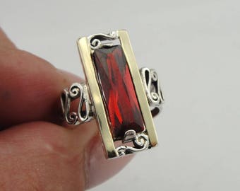 Garnet CZ Ring: Sterling Silver & 9K Gold, January Birthstone, Size 9