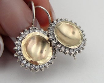Art Deco Earrings, Handcrafted 925 Sterling Silver & 9K Yellow Gold Silver CZ Earrings, Sun Earrings, Round Sparkling Earrings (ms e1248)