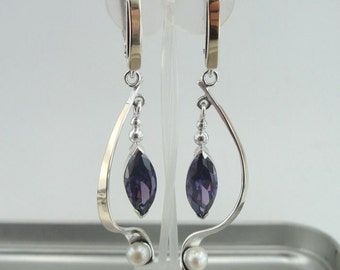 New Design 9K Yellow Gold & 925 Sterling Silver  purple Amethyst pearl earring (s e 2450p)