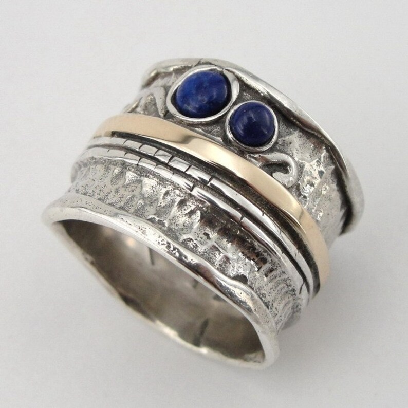 Lapis Ring, 925 Sterling Silver and 9K Yellow Gold Lapis band size 8, Silver and Gold, Blue stone ring, Birthday gift, Wedding s r1306 image 4