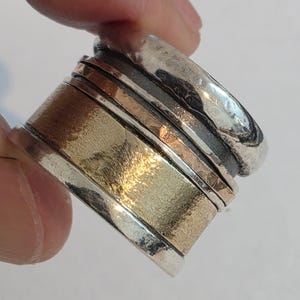 swivel ring wavy wide wedding band. ring with 9k yellow and rose gold spinners sterling silver Israel design ready to ship size 10.5 (278r)