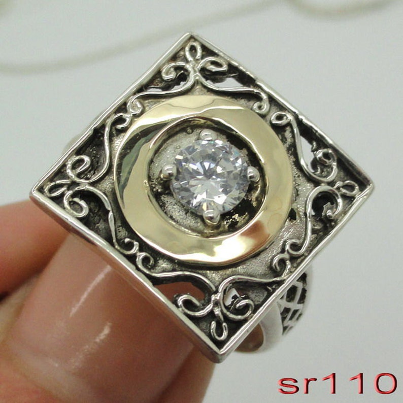 New Israel Smart Modern Art Square Gold Silver White Cz ring sp110 image 1