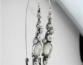 Jewela Handcrafted Sterling Silver Pearl Earrings, Long Earrings, Pearl Earrings, White Pearl,  Gemstone earrings, Everyday earrings (h 2151