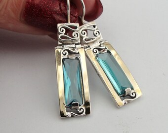 Blue Topaz Sterling Silver Dangle Earrings: 9K Gold Accent