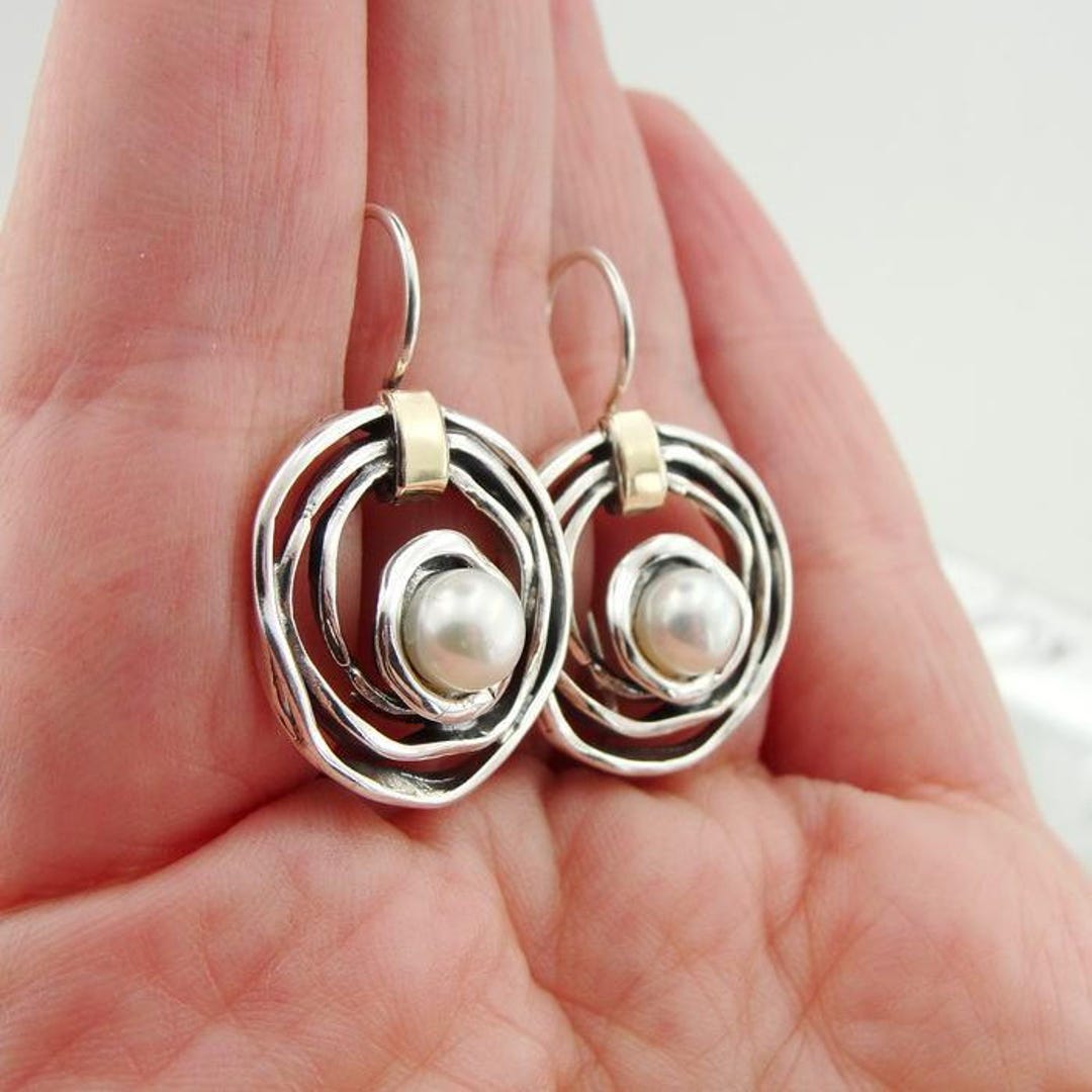 925 Silver Pearl Earrings, Silver and Gold Earrings, Round Pearl ...