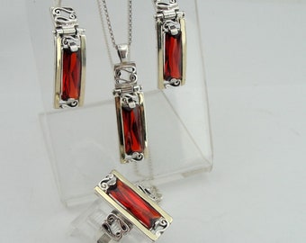 925 Garnet Jewelry Set 3 Piece, Handmade 9k yellow gold & 925 Silver Earrings, Ring, Necklace, Red Wine stone, Filigree, Gift (vs 2516