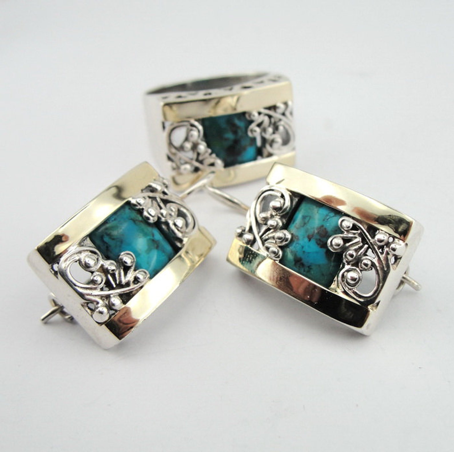 Silver Filigree Turquoise Ring Silver and Gold Ring Yellow - Etsy