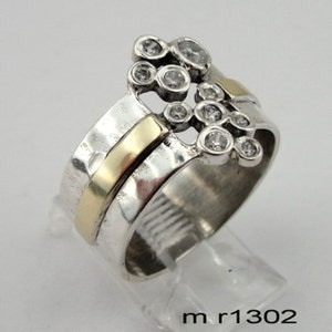 Handcrafted 9k yellow gold & 925 sterling Silver glittery CZ ring , wide band, wedding band ms r1302 image 3