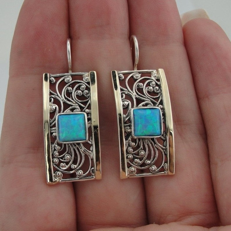Handmade in Israel Designer Sterling Silver & 9K Gold Square Earrings