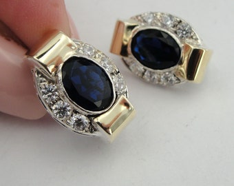 Handcrafted 9k yellow gold & 925 sterling Silver Blue Sapphire Earrings, Blue Sapphire and White CZ, September Birthstone, Gift (s e1658