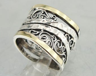 Handcrafted  Filigree Silver Ring size 7, Two Tone 9K Yellow Gold Sterling Silver Ring, Mixed Metal Ring, Wedding Ring, Gift Ring (ms 1321)