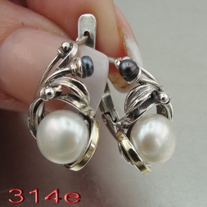 Pearl 925 silver Earrings, Silver and Gold Earrings, White Pearl earrings, Yellow gold earrings, Black Pearl earrings, Birthday gift (ms 314
