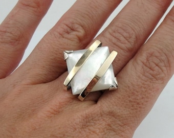 Sterling Silver Mother of Pearl Ring: 9K Gold Accent