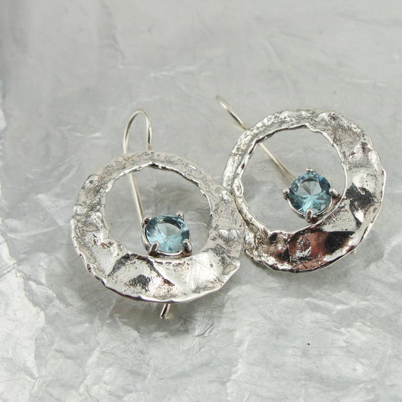 Blue Topaz 925 Silver Earrings Silver topaz earrings 925 hammered silver topaz earrings s 2486 Handmade Round Silver Blue Topaz Earrings