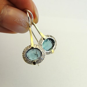 925 Blue Topaz Earrings, Long 9k yellow gold & sterling Silver Earrings, Blue stone earrings, Everyday Earrings, Gift for her (ms 1079