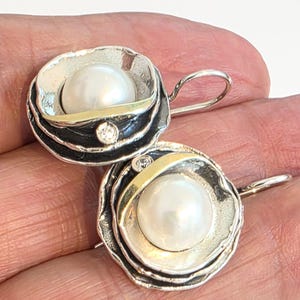 Pearl Earrings, Long 925 Silver &  9K Yellow Gold, round earrings, pearl Earrings, Round Earrings, Birthday Gift  (ms 1283E)