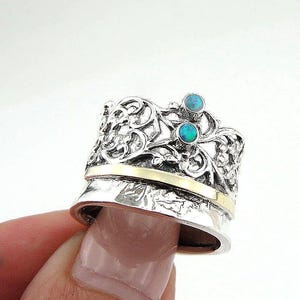 Blue Opal filigree ring, 925 Silver & 9k yellow gold ring, wedding band, size 7, Israeli Jewelry, Fine Ring, Blue Stone Gold Ring (ms 977r)