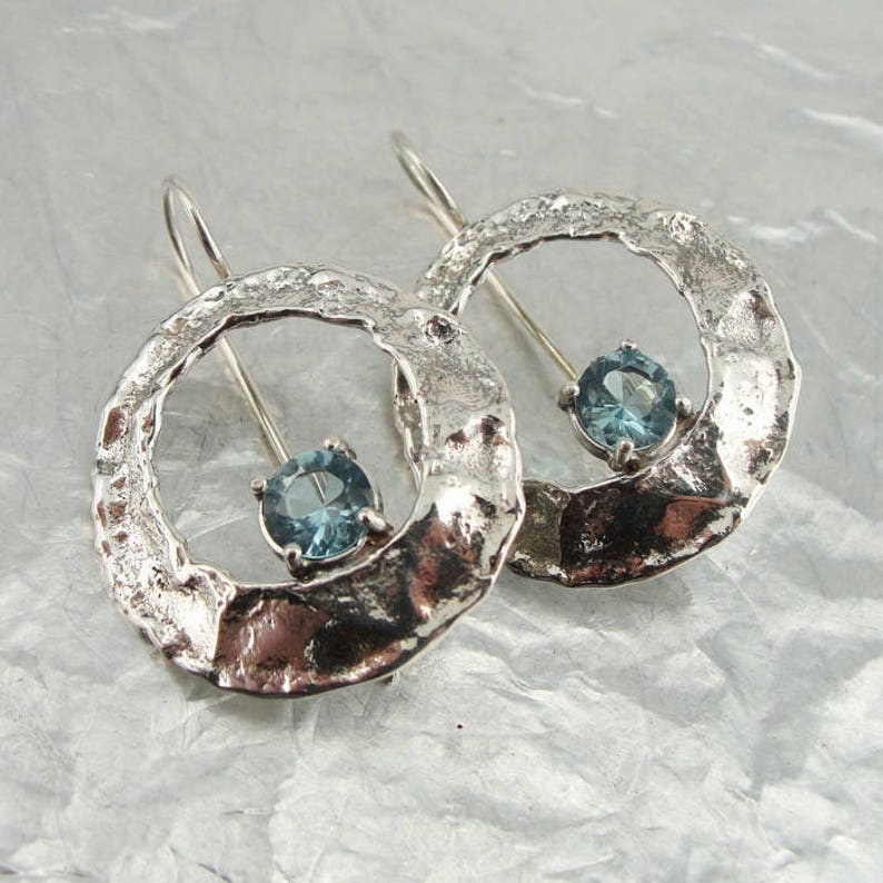 Blue Topaz 925 Silver Earrings Silver topaz earrings 925 hammered silver topaz earrings s 2486 Handmade Round Silver Blue Topaz Earrings