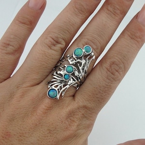 Opal Ring, HandCrafted Art Opal Ring, Long Opal Ring, Gemstone Silver Ring, Ring any size, Gift for Mom, October  (ha 1588b