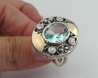 Vintage 9K Yellow Gold Sterling Silver Aqua CZ Ring size 8 (s r2250)