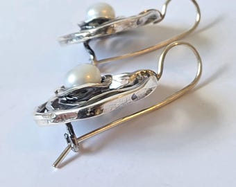 925 Silver Pearl Earrings: Yellow Gold Accent, Freshwater Pearl