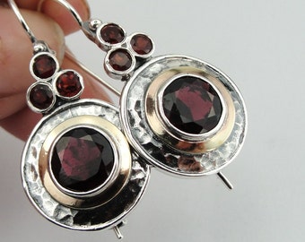 925 Garnet Earrings, Long 925 Sterling Silver &  9K Yellow Gold Garnet Earrings, round earrings, Handmade CZ Earrings.  (ms 1303e)