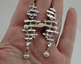 Pearl earrings, long silver earrings, Silver and Gold earrings, Dangle earrings, Yellow gold earrings, CZ Earrings (ms e239)