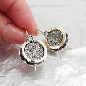 Round druzy Earrings, 9k Yellow Gold 925 Silver Hanging Earrings, pearl Earrings, 9K Yellow Goldl Earrings, Jewelry (ms 958