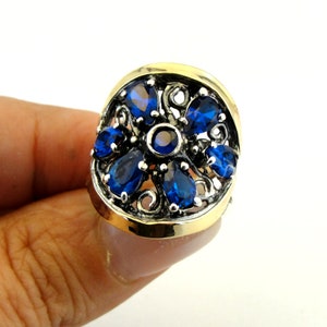 Blue Sapphire 925 Silver & 9k yellow Gold Ring size 8, Israeli Jewelry, Fine Rine, Israeli Jewelry jewela, FREE SHIPPING (sm r 105)
