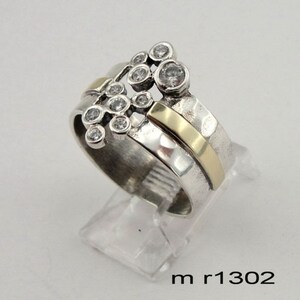 Handcrafted 9k yellow gold & 925 sterling Silver glittery CZ ring , wide band, wedding band ms r1302 image 4