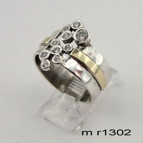 Handcrafted 9k yellow shops gold & 925 sterling Silver glittery CZ ring , wide band, wedding band (ms r1302)