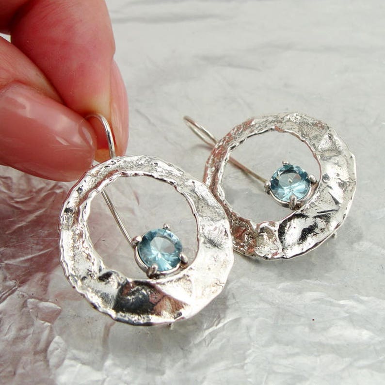 Blue Topaz 925 Silver Earrings Silver topaz earrings 925 hammered silver topaz earrings s 2486 Handmade Round Silver Blue Topaz Earrings