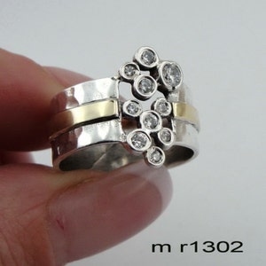 Handcrafted 9k yellow gold & 925 sterling Silver glittery CZ ring , wide band, wedding band ms r1302 image 1