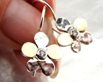 Sterling Silver Flower Earrings: 9K Gold & CZ Accent