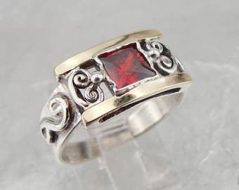 Garnet Ring, 925 Silver Garnet Ring, 925 Silver and 9K Yellow Gold Ring, Square Red stone ring, January birthstone, Ring size 7 (s 2613)