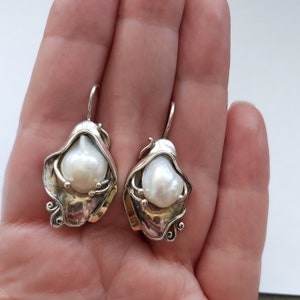 Great Handmade 9K Gold and 925 Sterling Silver Textured Pearl Earrings, Pearl Earrings, White Freshwater Pearl, Wedding Jewelry (ms 328