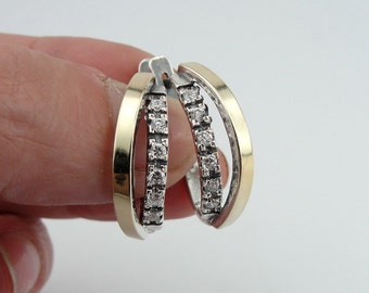 Elegant  925 Sterling Silver & 9K Yellow Gold Zircon Earrings, hoop earrings, Handmade CZ Earrings. (ms e1314)