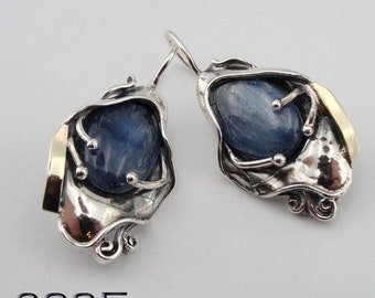 Israel Modern 9k Gold 925 sterling Silver White Cz and Kyanite earrings, Blue Stone Earrings, Gold Kyanite Earrings, Birthday Gift (ms 328