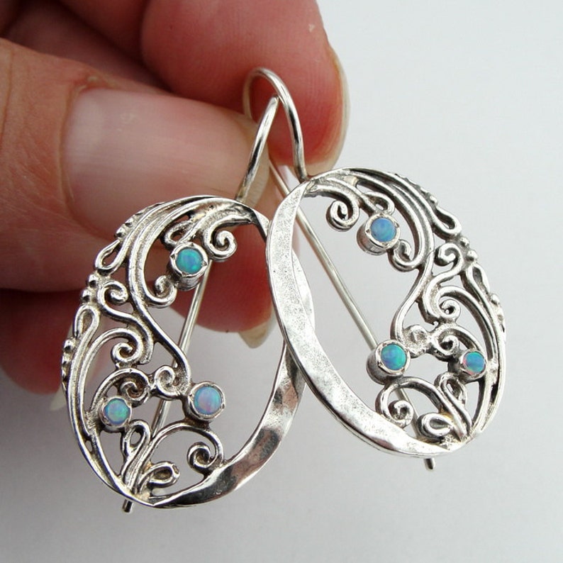 Blue Opal Opal Necklace Blue Stone 925 Silver Filigree Opal Set Birthday Simple Opal Earrings Filigree Opal ring Opal Jewelry Set