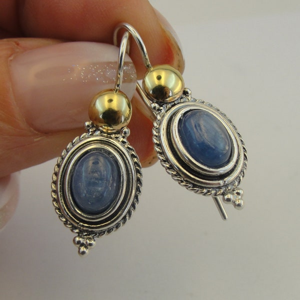 Oval Kyanite 9k Gold 925 Sterling Silver earrings, Blue Stone Earrings, Gold Kyanite Earrings, Birthday Gift, Mixed Metal Earrings (ms 1736