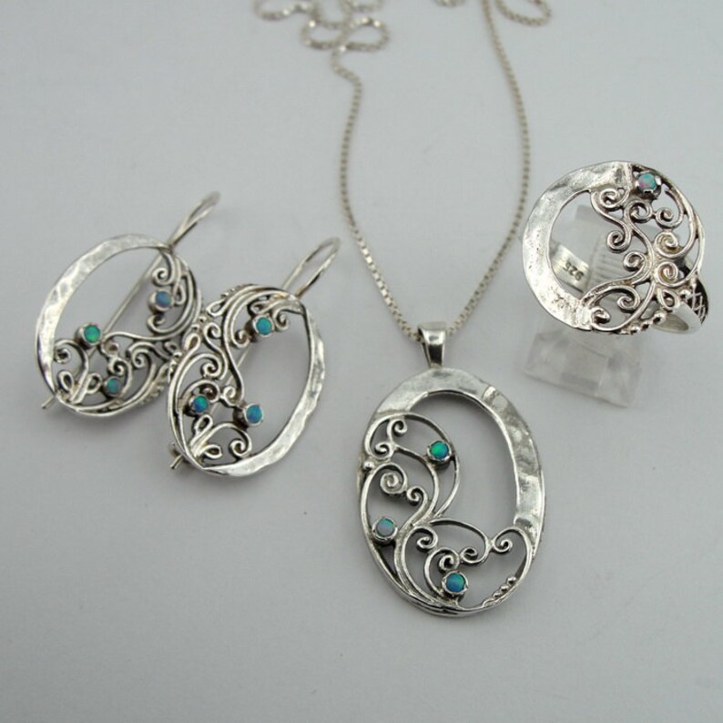 Blue Opal Opal Necklace Blue Stone 925 Silver Filigree Opal Set Birthday Simple Opal Earrings Filigree Opal ring Opal Jewelry Set