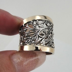 Great Handcrafted 9K Yellow Gold Sterling Silver Ring , Wide Silver Ring, Filigree Ring, Mixed Metal Ring, Two Tone Ring  (1130r)
