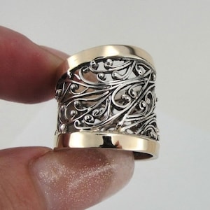 Great Handcrafted 9K Yellow Gold Sterling Silver Ring size 7, Wide Silver Ring, Filigree Ring, Mixed Metal Ring, Two Tone Ring  (s r1130)